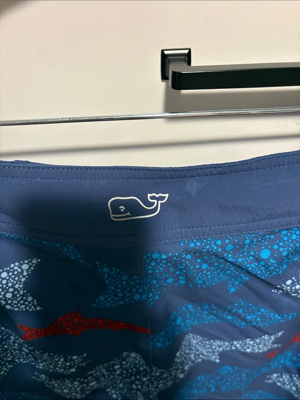 Vineyard Vines Navy Shark-Print Board Shorts with Red & Light Blue Accents